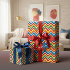 Chevron birthday wrapping paper with red and blue ribbon on gifts in a cozy living room.