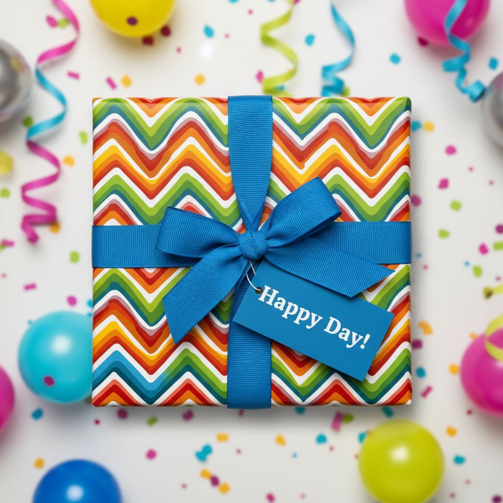 Square birthday gift wrapped in rainbow chevron paper with a blue ribbon and "Happy Day!" tag.
