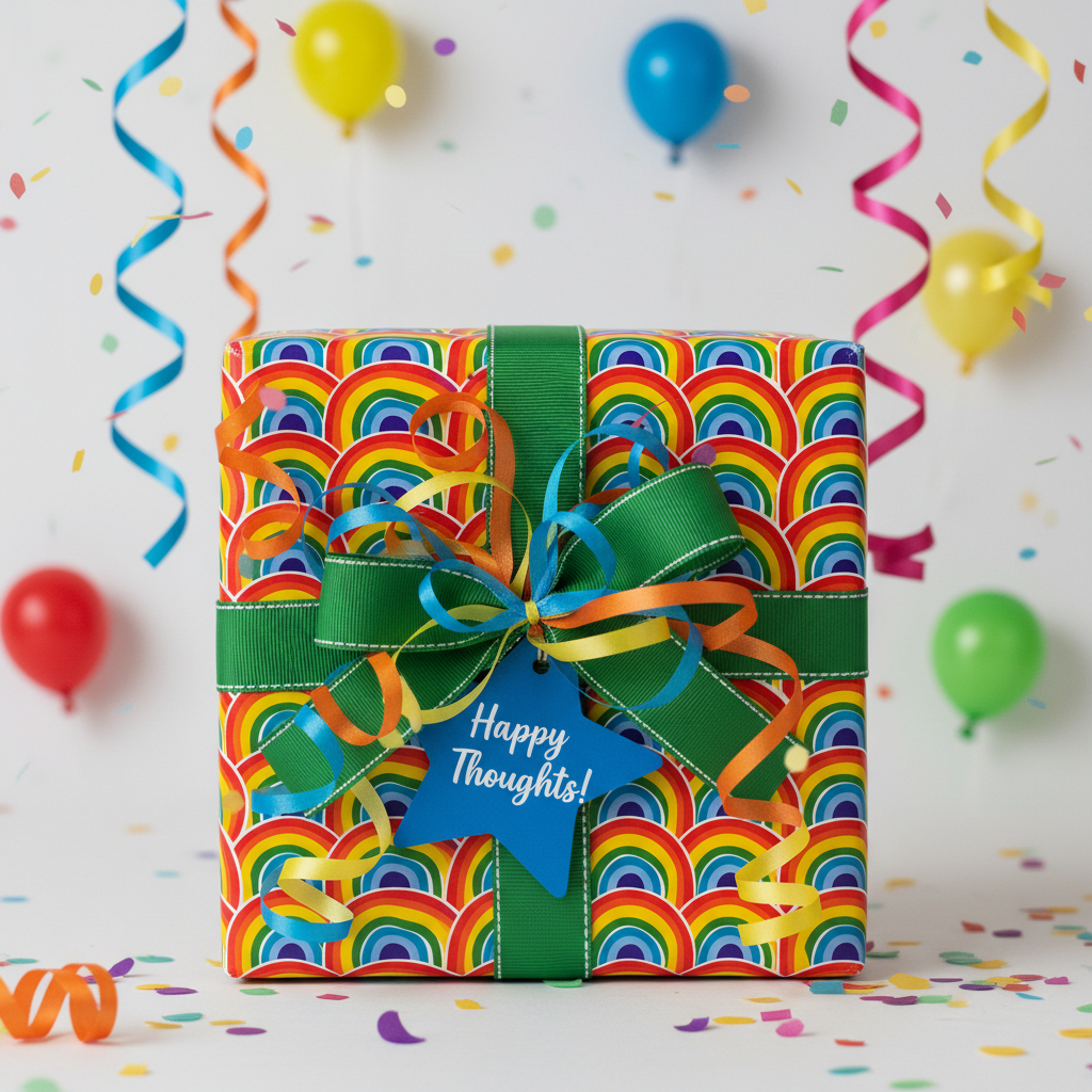 Square gift wrapped in rainbow pattern birthday wrapping paper with green ribbon and "Happy Thoughts" tag.