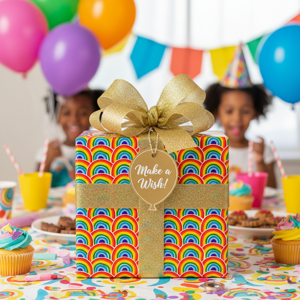 Rainbow birthday wrapping paper with gold ribbon on a square gift box at a children's party.