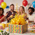 Colorful chevron birthday wrapping paper with yellow ribbon on gift at a party.