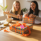 Two women wrapping presents with colorful rainbow pattern wrapping paper and bright orange ribbons.