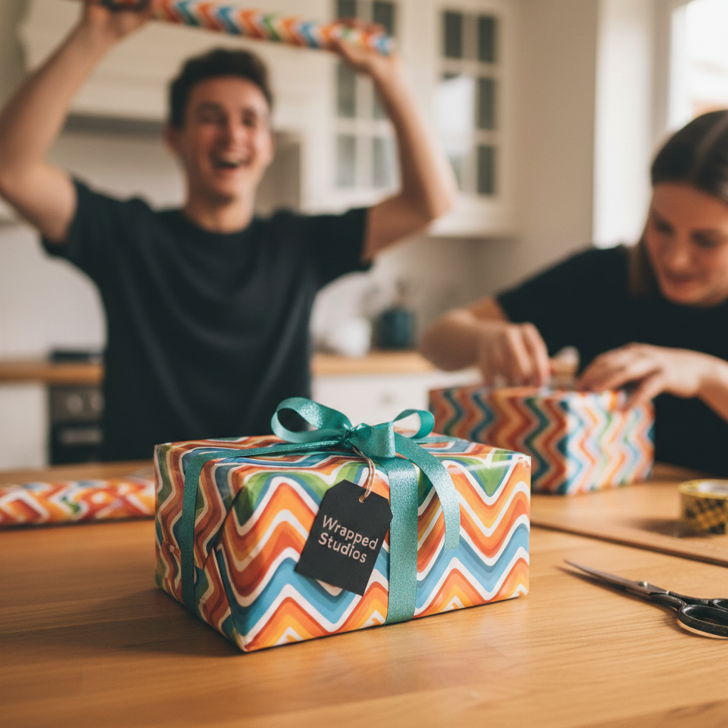Fun chevron wrapping paper tied with teal ribbon, as couple wraps gifts.