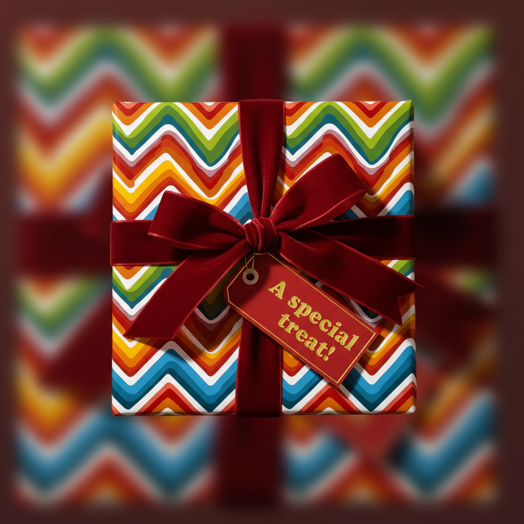 Square gift wrapped in colorful chevron pattern paper with a red velvet ribbon and tag that says "A special treat!".