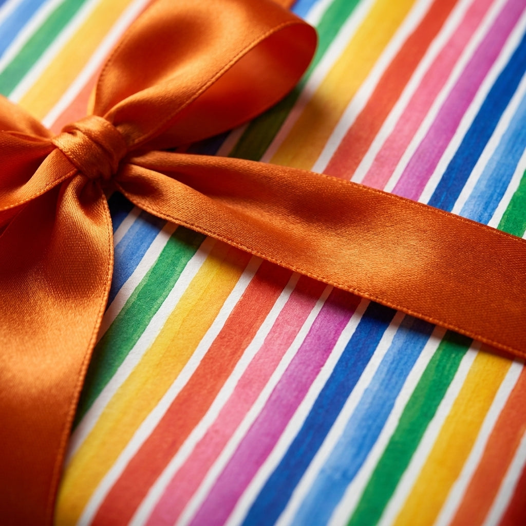 Rainbow striped birthday wrapping paper with an orange satin bow by Wrapped Studios.