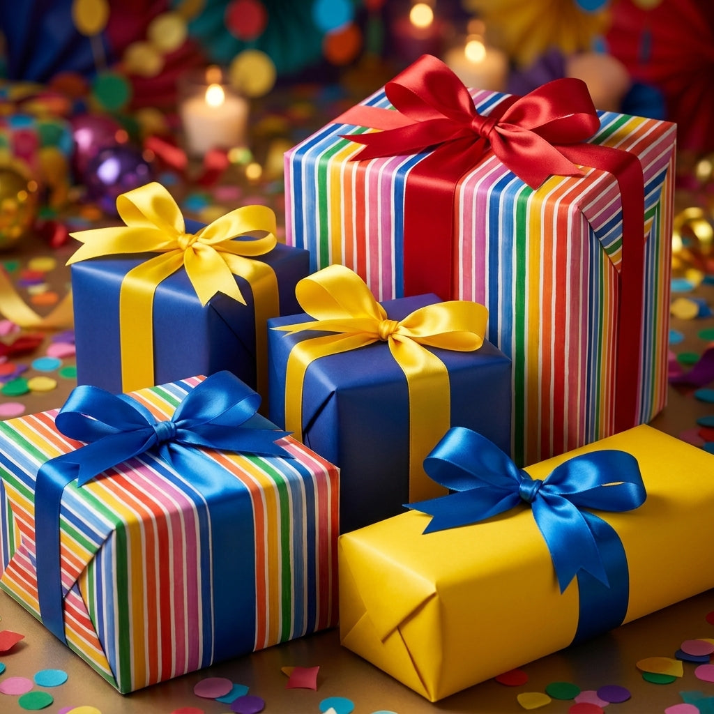 Colorful rainbow stripe wrapping paper and birthday gift boxes with satin bows by Wrapped Studios.