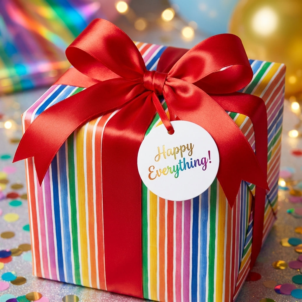 Rainbow striped birthday gift wrap with a red bow and Happy Everything tag by Wrapped Studios.