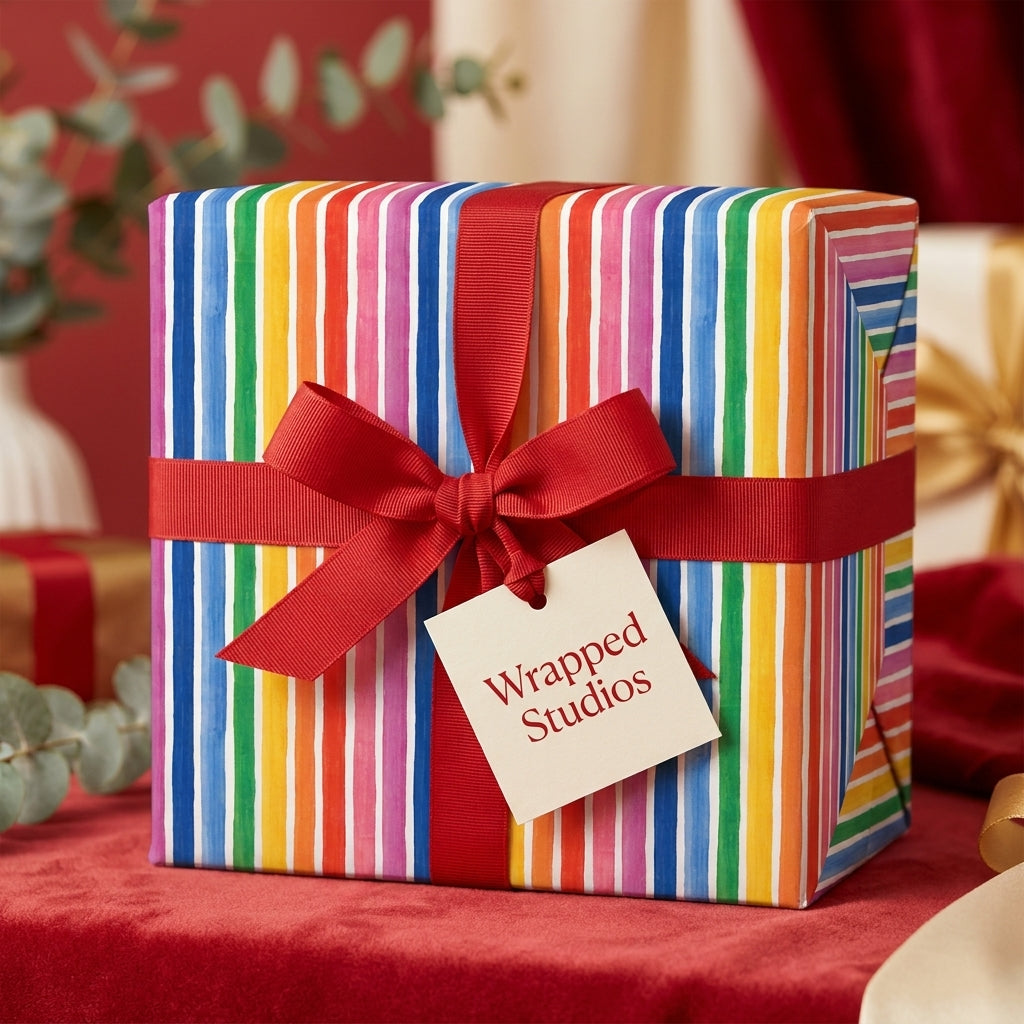 Rainbow striped birthday wrapping paper with a red ribbon bow by Wrapped Studios.