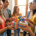Rainbow striped birthday wrapping paper on gifts held by happy friends, from Wrapped Studios.