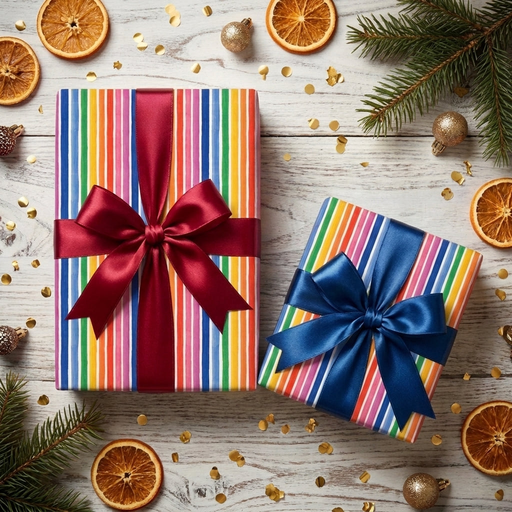 Rainbow stripe wrapping paper with red and blue satin bows on holiday gifts by Wrapped Studios.