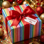 Colorful rainbow striped wrapping paper with a red bow on a holiday gift box by Wrapped Studios.