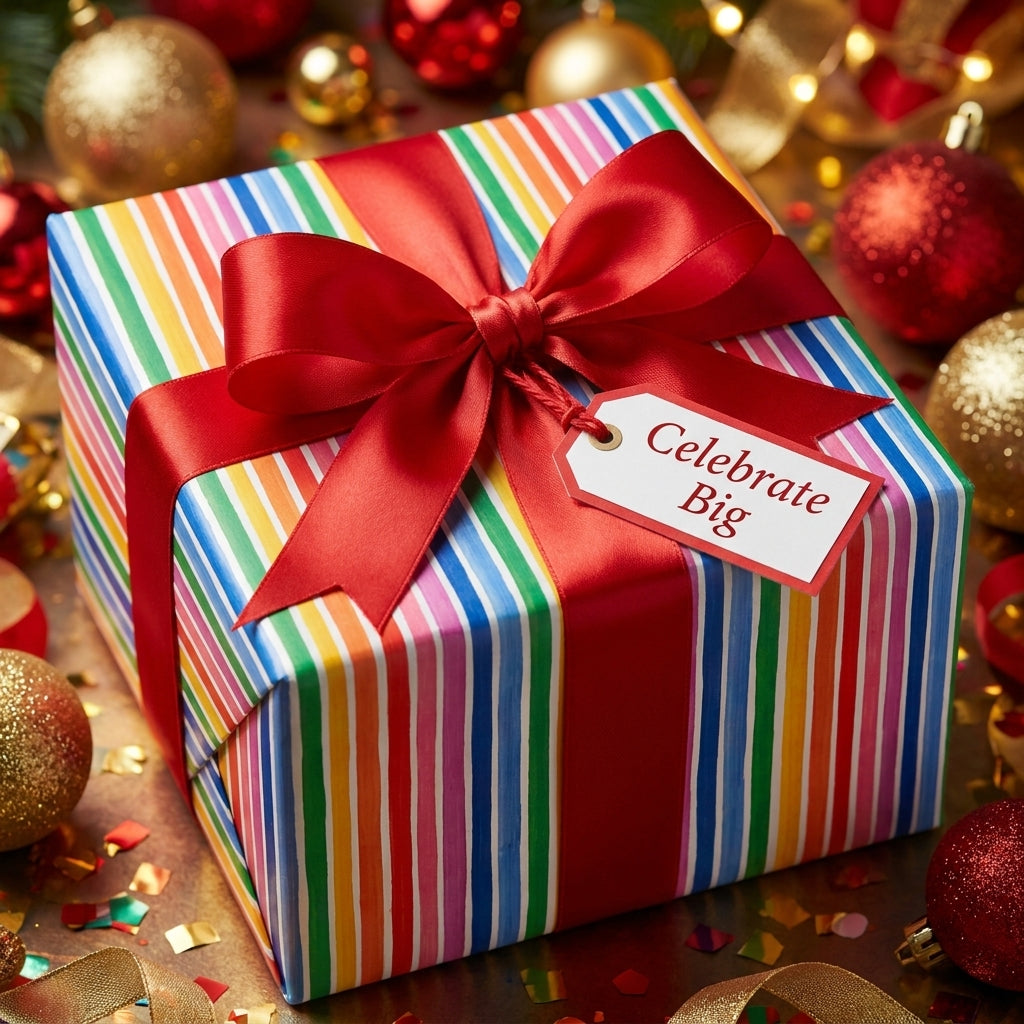 Colorful rainbow striped wrapping paper with a red bow on a holiday gift box by Wrapped Studios.