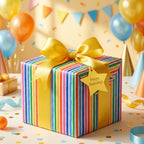 Rainbow striped birthday wrapping paper with a yellow ribbon and star tag by Wrapped Studios.