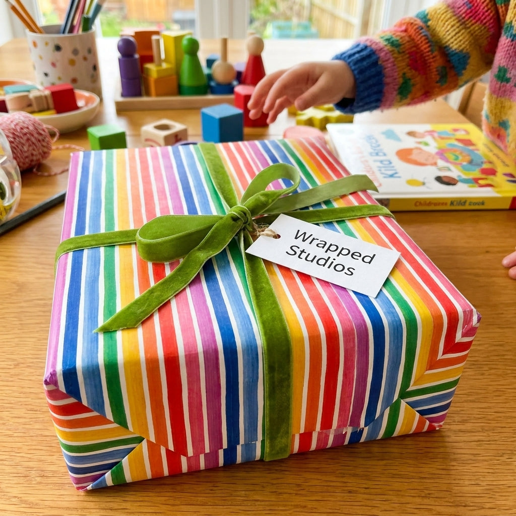 Rainbow striped wrapping paper with green velvet bow on a kids birthday gift by Wrapped Studios.