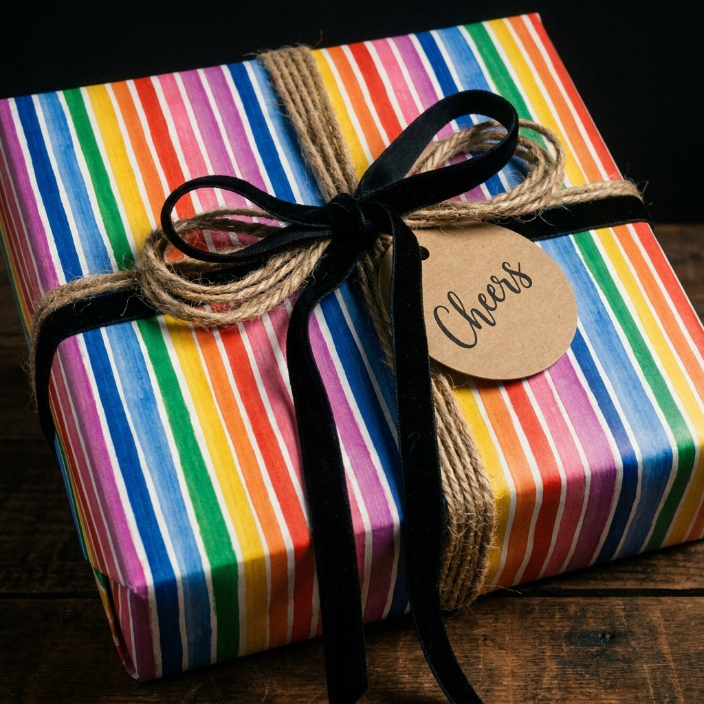Rainbow striped birthday wrapping paper with a black velvet bow and Cheers tag by Wrapped Studios.