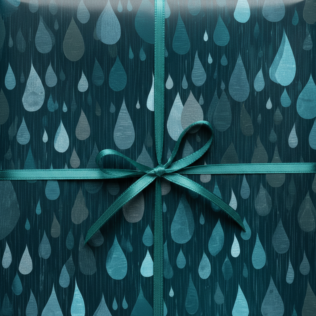 Teal raindrop pattern wrapping paper with matching ribbon, perfect for a unique birthday gift.