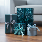 Elegant teal gift boxes wrapped in teardrop pattern paper with satin bows, perfect for modern celebrations.