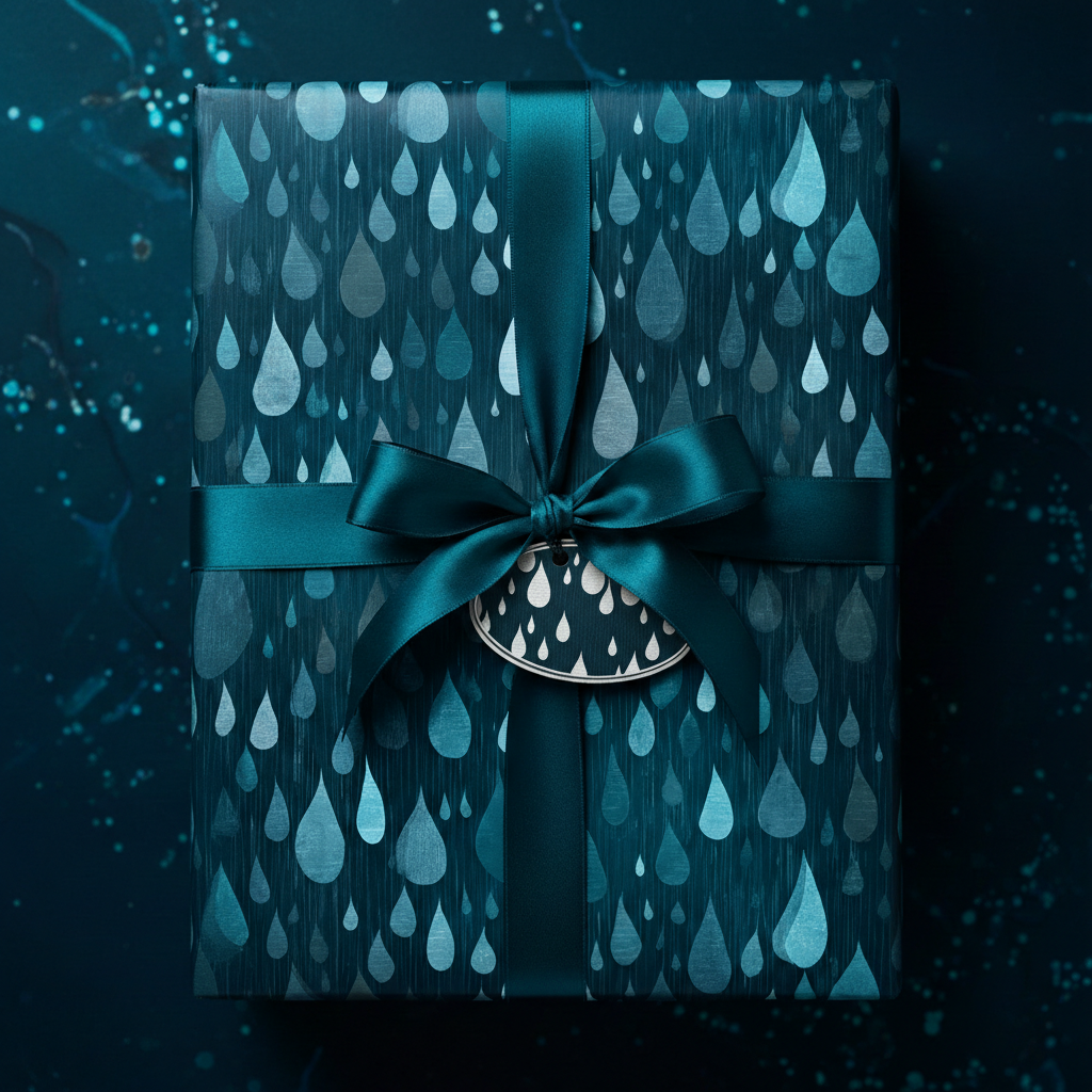 Teal raindrop pattern gift wrap with satin ribbon and gift tag for birthday or special occasion gifts.