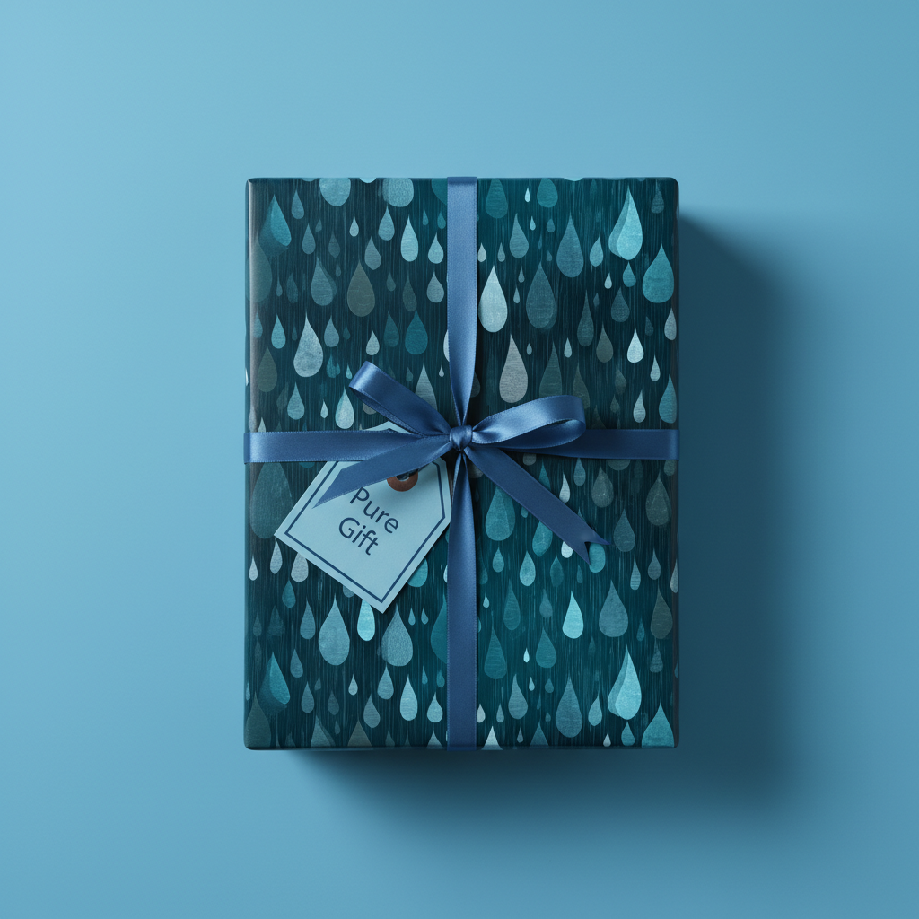 Teal gift wrap with raindrop pattern, tied with a blue satin ribbon and "Pure Gift" tag.