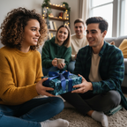 Woman gifts a present wrapped in modern teal wrapping paper with a blue ribbon bow.