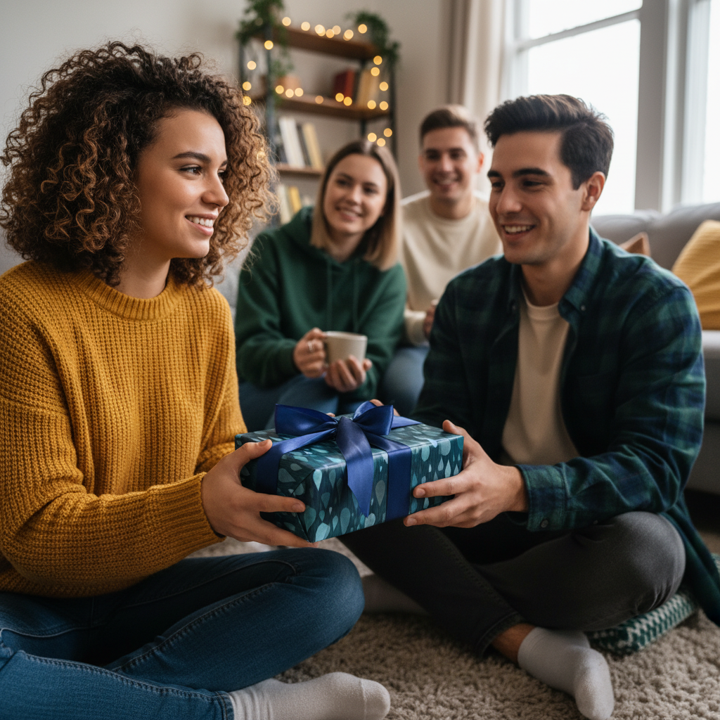 Woman gifts a present wrapped in modern teal wrapping paper with a blue ribbon bow.