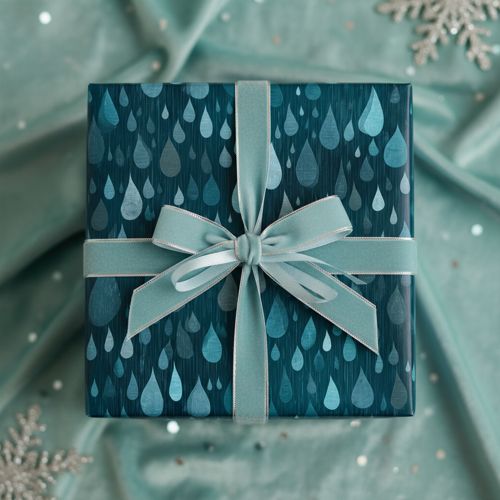 Teal gift wrapped in raindrop patterned paper with ribbon on matching draped fabric.
