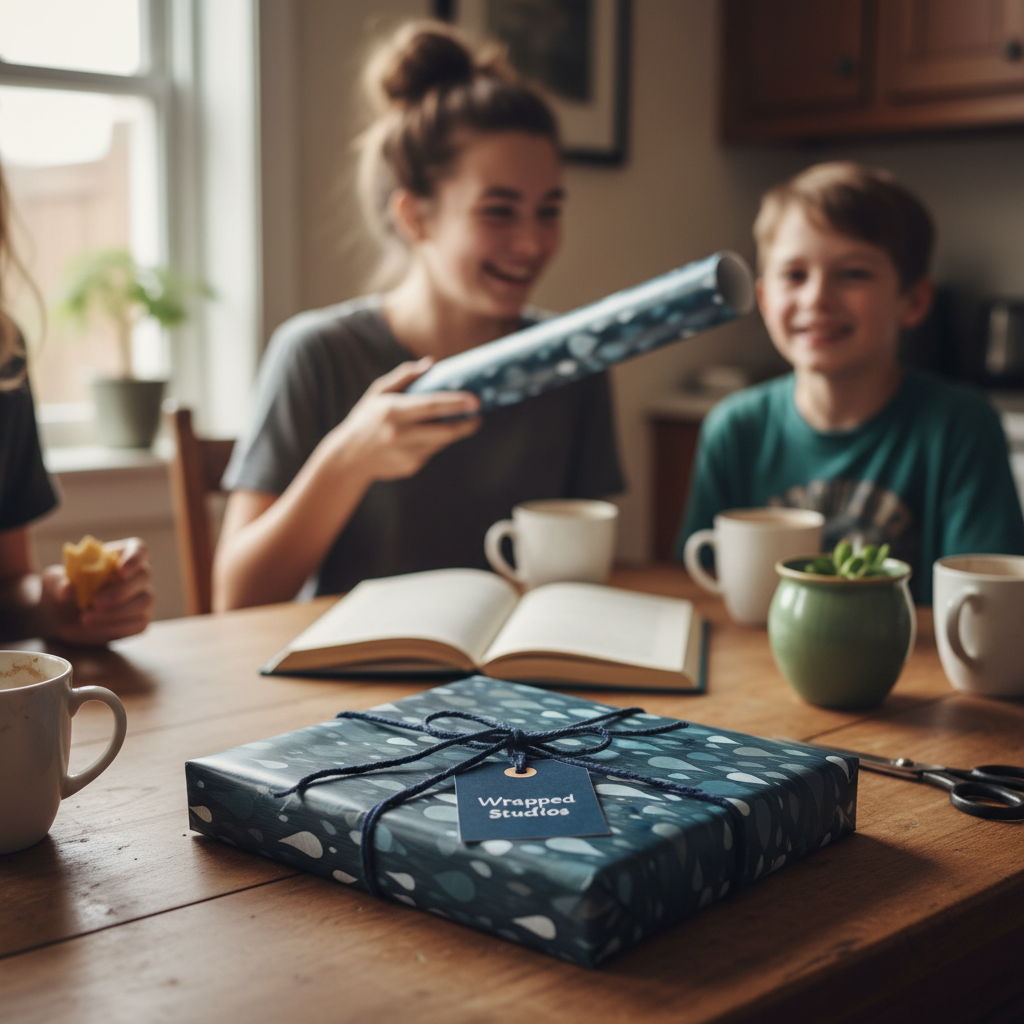 Family unwrapping birthday gift wrapped in modern blue wrapping paper with raindrop pattern and tied with twine.
