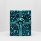 Teal gift box with raindrop pattern wrapping paper and matching ribbon bow.