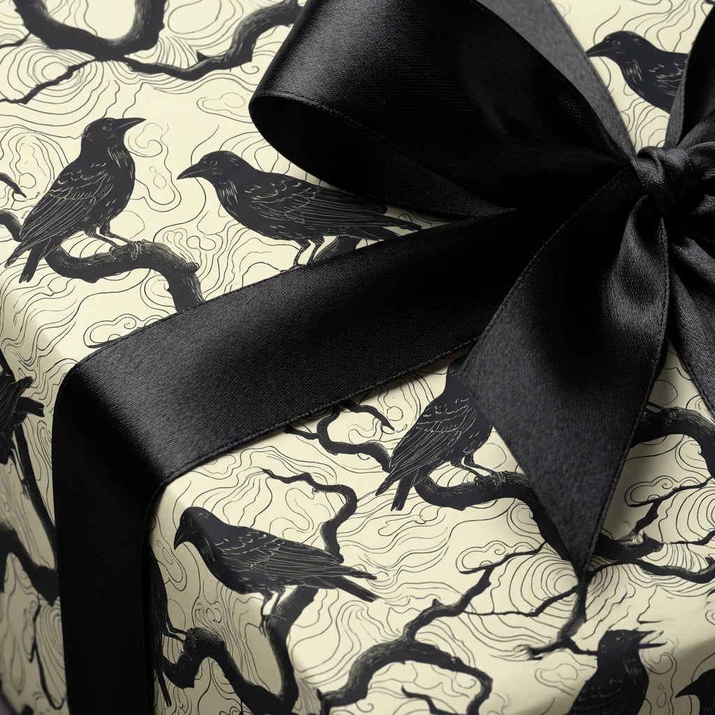 Elegant gift wrapped in bird & tree motif wrapping paper with black satin ribbon.