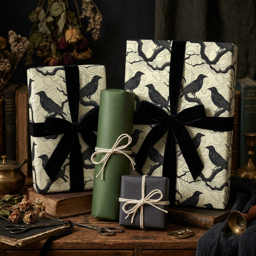 Raven print wrapping paper with black velvet ribbons for a unique, vintage gift wrap aesthetic.