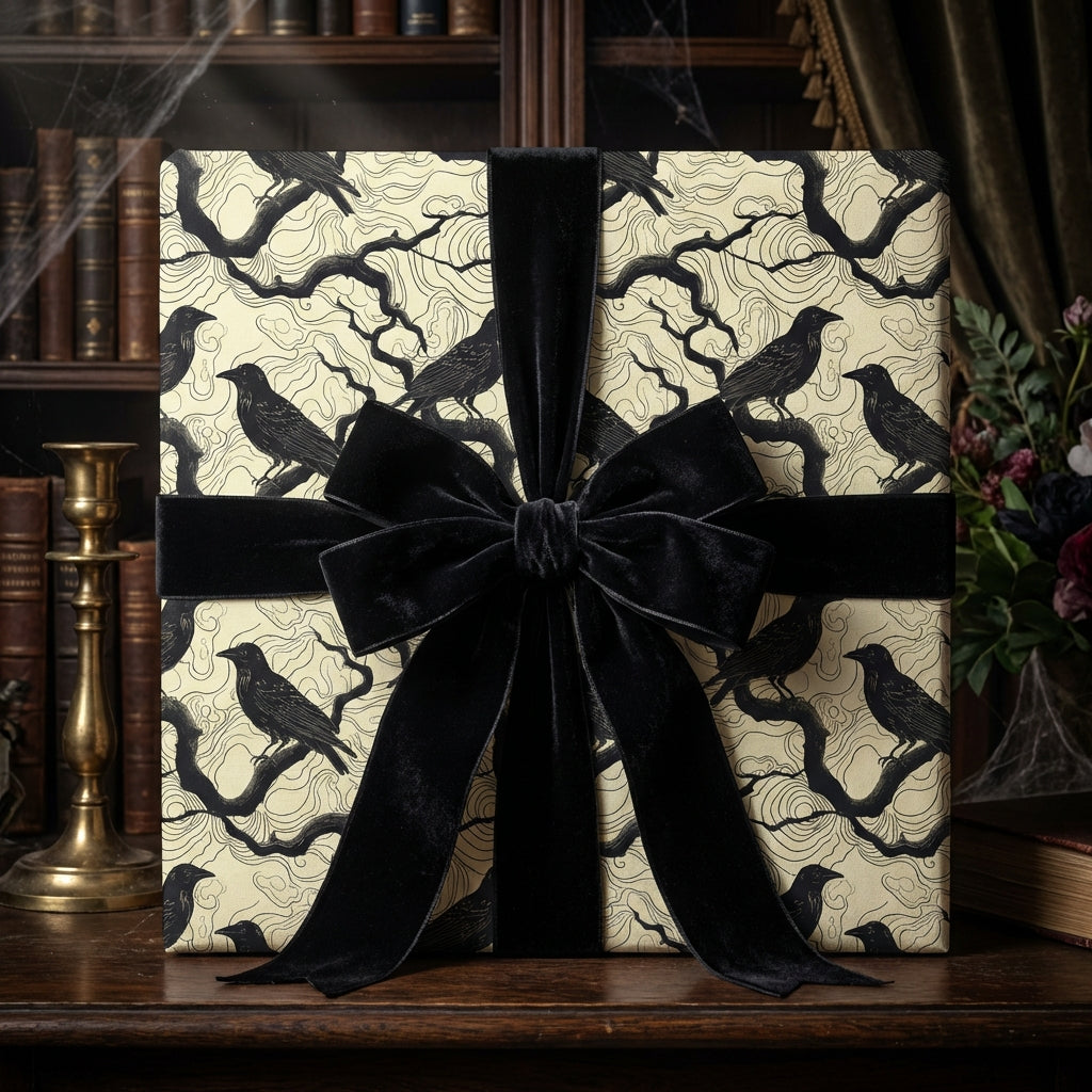 Elegant gift with black raven pattern wrapping paper and large velvet ribbon, perfect for Halloween.