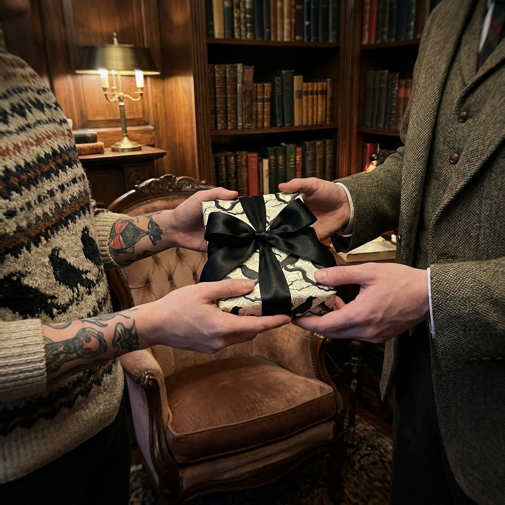 Man hands luxury wrapped gift with black bow; elegant present in ivory wrapping paper for birthday, Christmas, or special occasion.