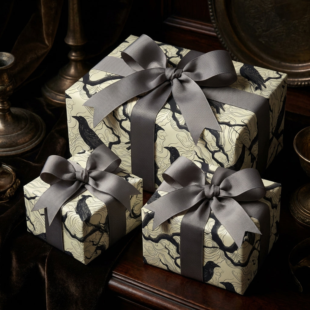 Elegant gifts wrapped in bird-themed luxury gift wrap with gray ribbon bows.