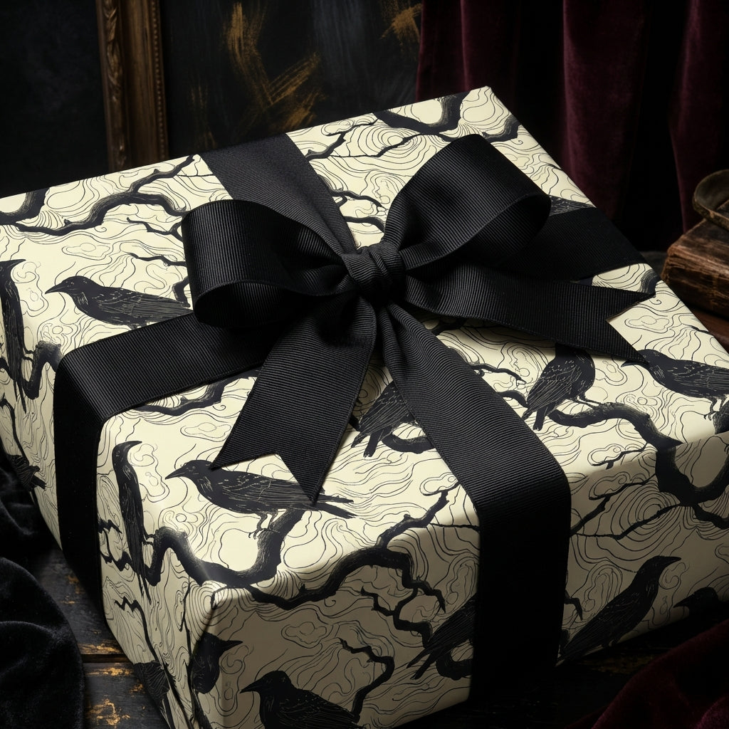 Elegant gift wrapped in cream paper with a black raven and tree branch pattern, tied with a black grosgrain ribbon.