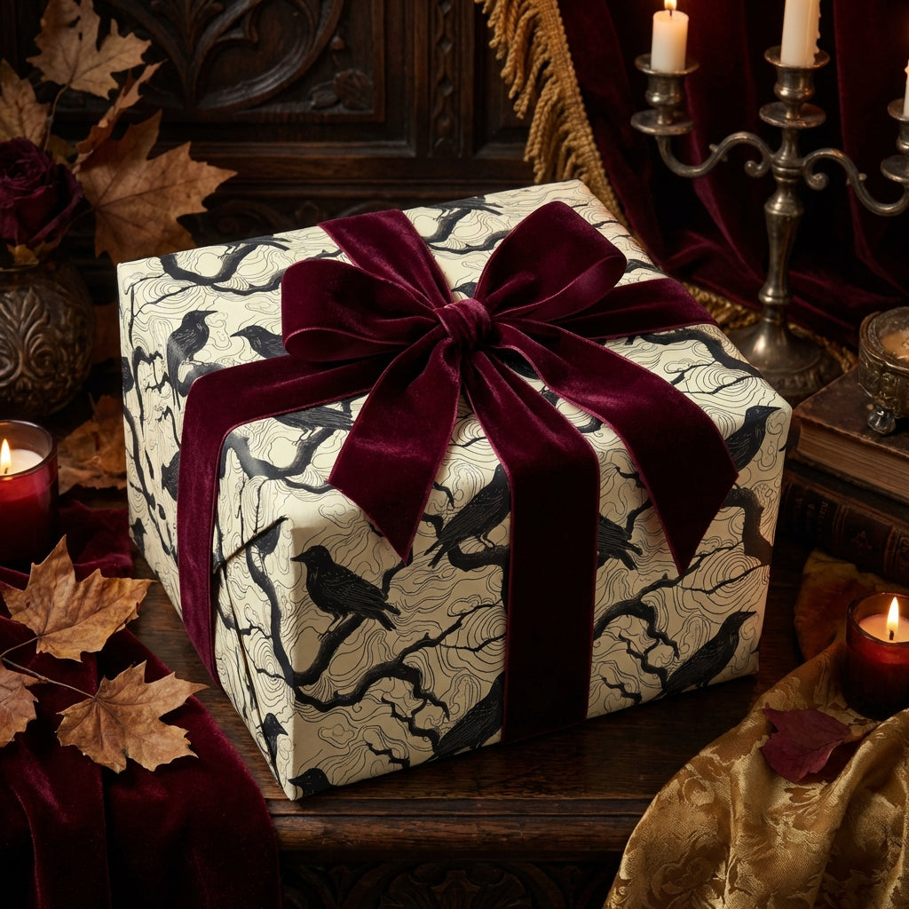 Elegant gift wrapped in black bird wrapping paper with a velvet burgundy bow, perfect for Halloween or gothic-themed gifts.