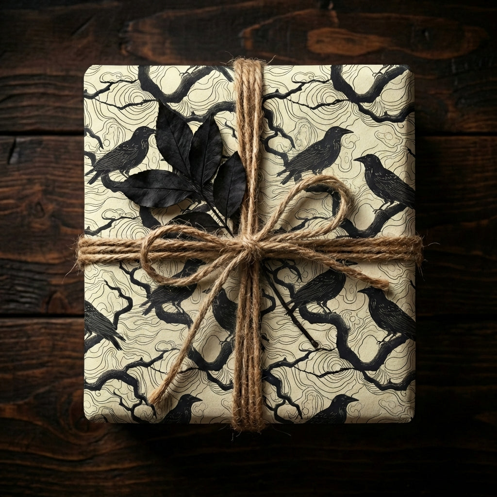 Square gift wrapped in crow and branch pattern paper, tied with twine on wood.