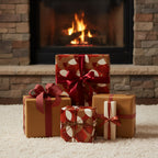 Gifts wrapped in elegant abstract print Christmas wrapping paper with rich red ribbons by cozy fireplace.