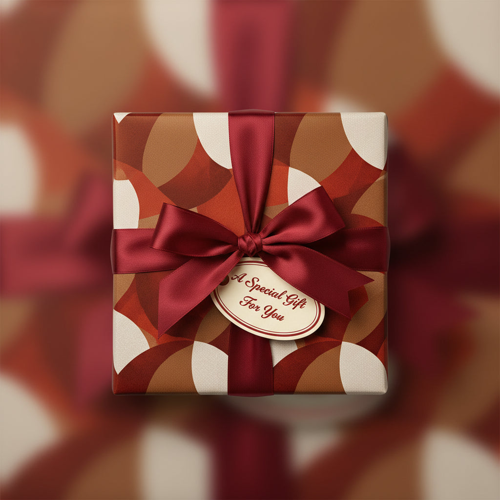 Modern gift wrap with circular pattern in brown and cream, tied with a maroon satin ribbon and "A Special Gift For You" tag.