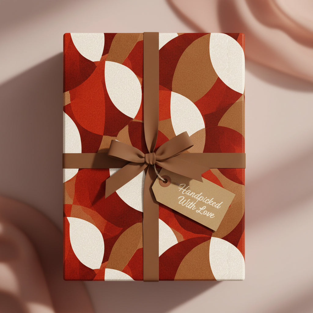 Modern gift box wrapped in abstract geometric wrapping paper with a brown ribbon and tag.