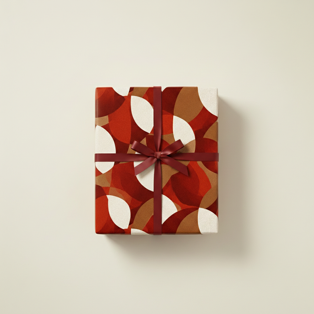 Gift box wrapped in modern geometric wrapping paper with a burgundy ribbon.