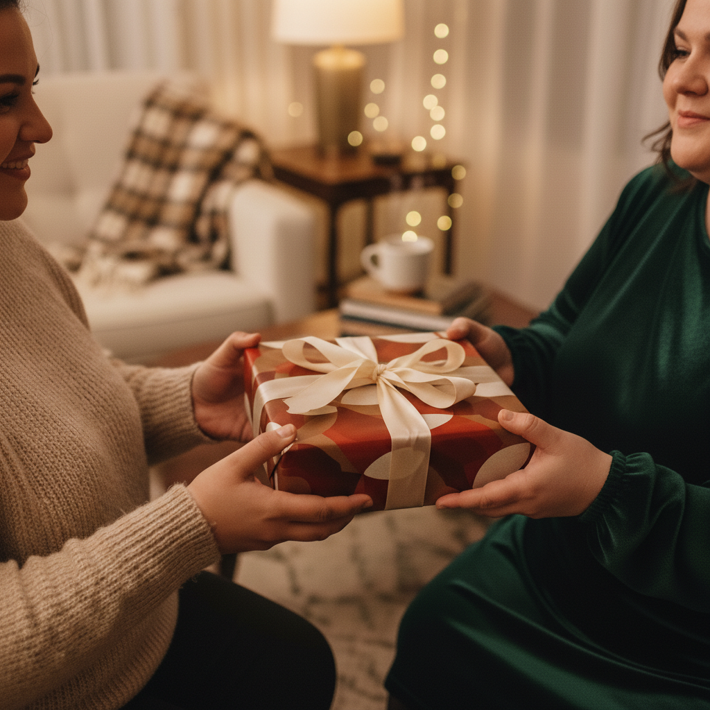 Women exchanging a gift wrapped in festive red and white patterned paper with a cream-colored bow.