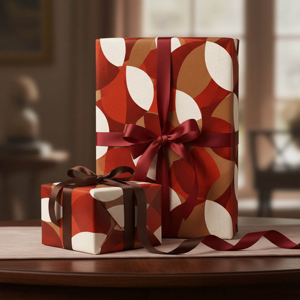 Gifts wrapped in modern geometric wrapping paper with a burgundy satin ribbon.