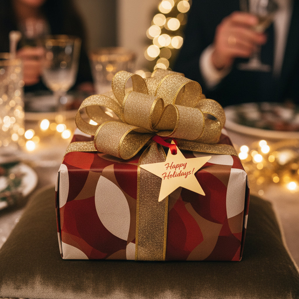 Elegant Christmas gift wrap with gold ribbon, geometric red and brown pattern, and a "Happy Holidays!" star tag.