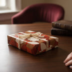 Elegant gift box with retro brown & red geometric wrapping paper and lace ribbon, sitting on a wood table.