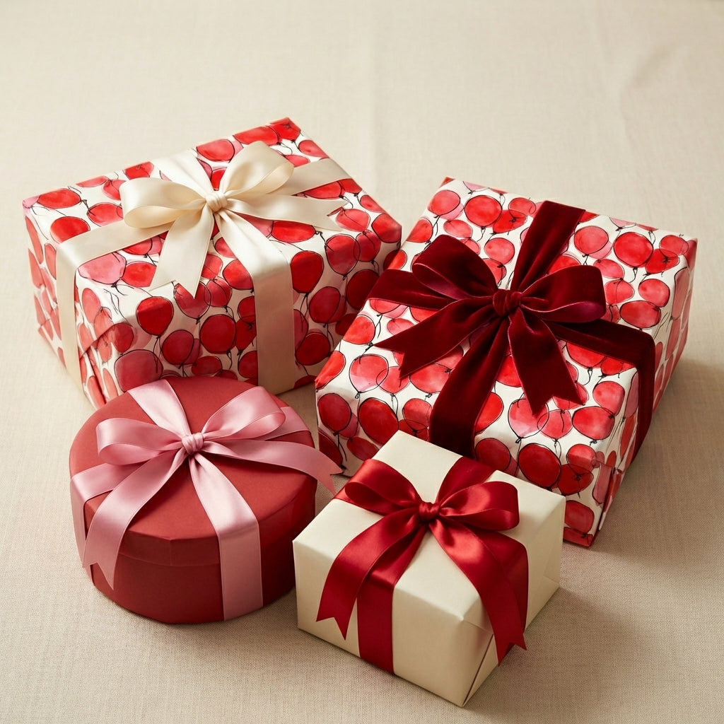 Wrapped gifts with balloon print wrapping paper, tied with satin ribbon.