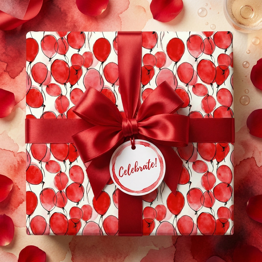 Celebration gift with watercolor balloon wrapping paper and red ribbon, from Wrapped Studios.