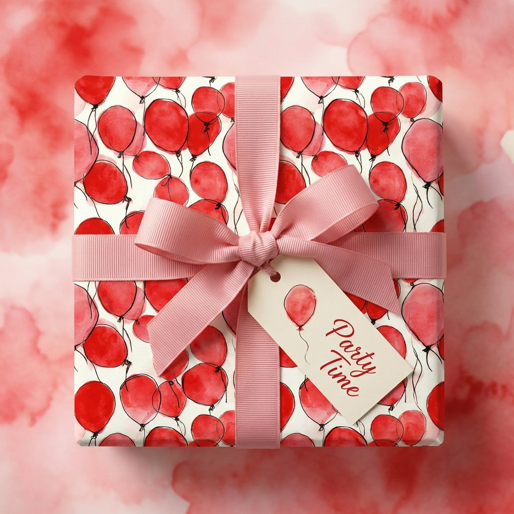 Red balloon pattern wrapping paper with pink ribbon for birthday party gift, by Wrapped Studios.