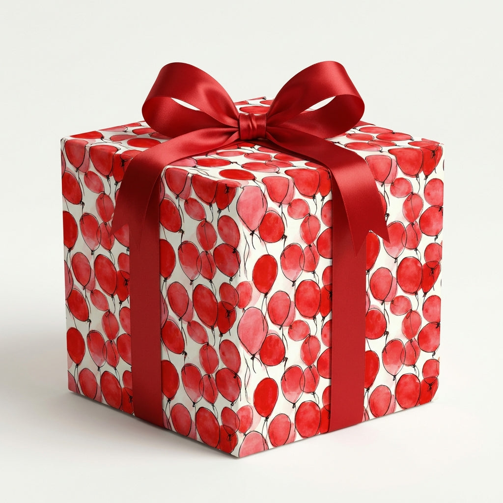 Red balloon birthday wrapping paper with satin ribbon bow. Wrapped Studios.