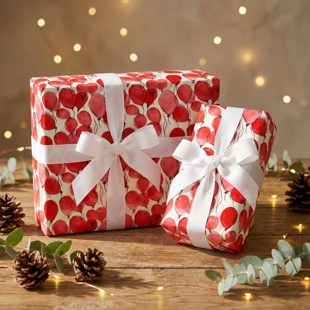 Wrapped gifts in red balloon birthday wrapping paper with white ribbon.