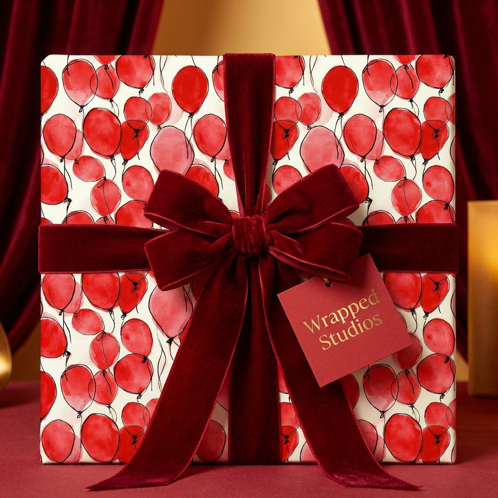Elegant gift wrapped in red balloon birthday wrapping paper with velvet ribbon from Wrapped Studios.